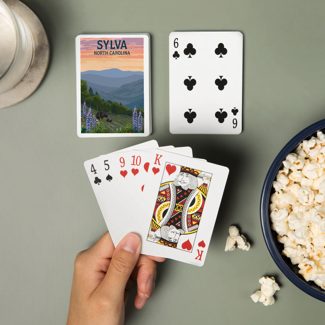 Playing Cards, Sylva, North Carolina, Bears and Spring Flowers, 52 Card Deck with Jokers in Box, Unique Art Cards Lantern Press 
