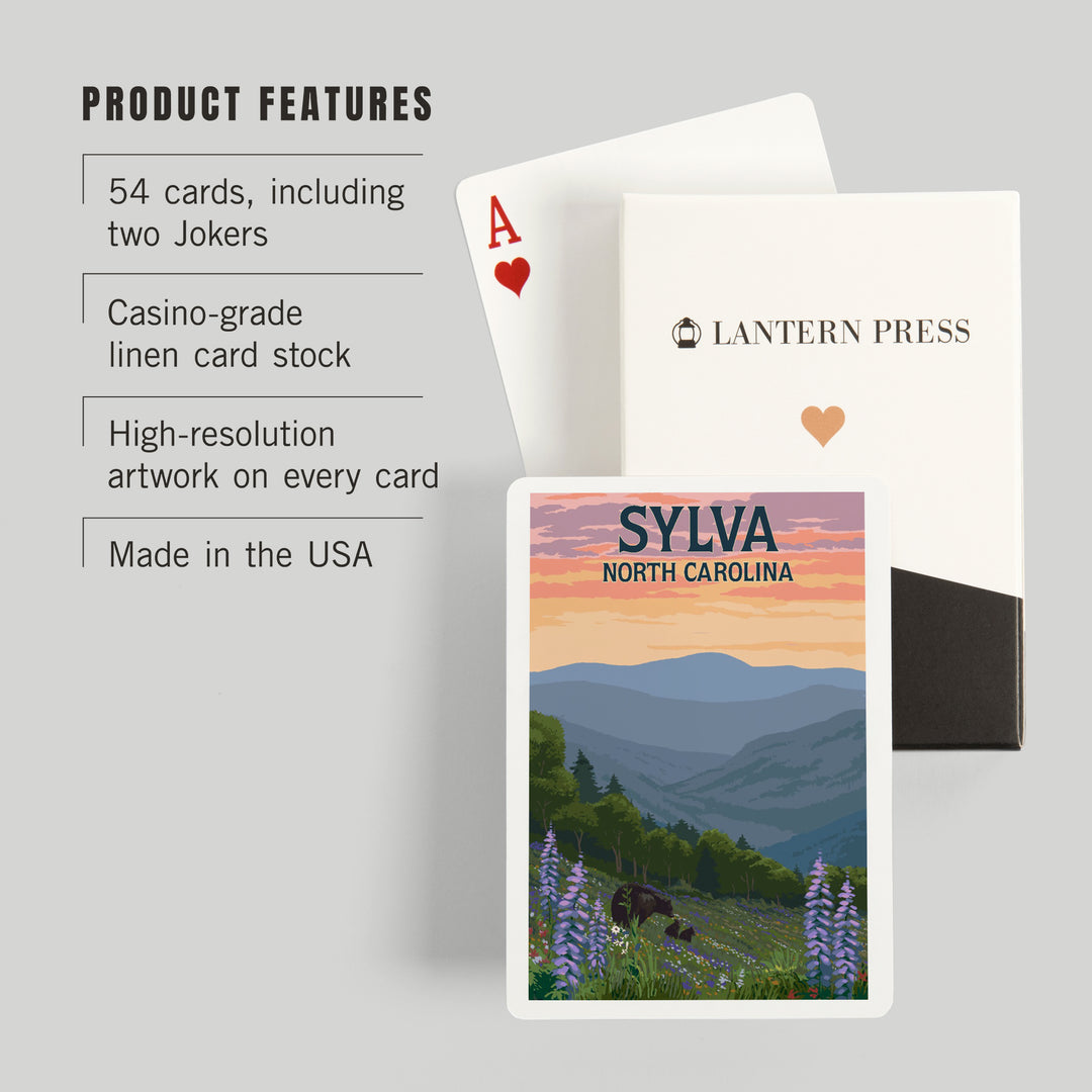 Playing Cards, Sylva, North Carolina, Bears and Spring Flowers, 52 Card Deck with Jokers in Box, Unique Art Cards Lantern Press 
