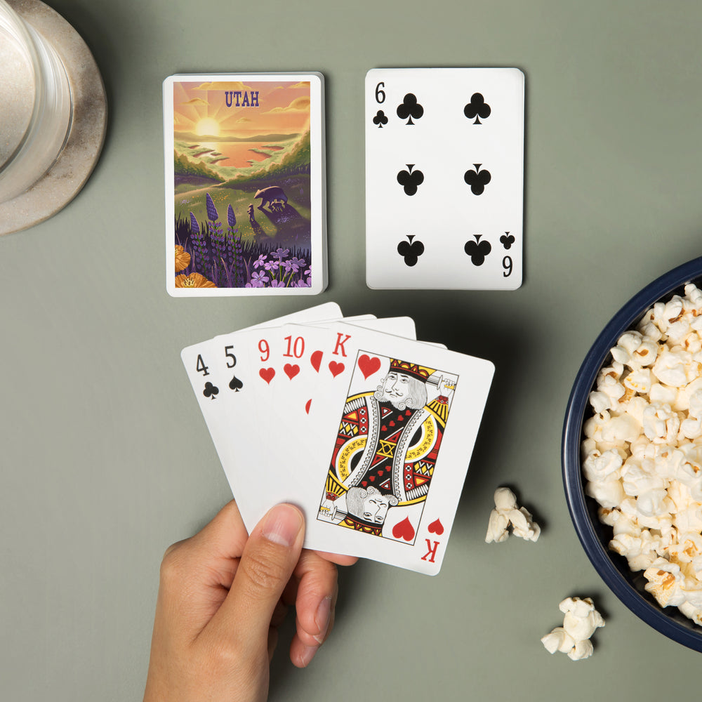 Playing Cards, Utah, Lithograph, Bear and Spring Flowers, Lake, 52 Card Deck with Jokers in Box, Unique Art Cards Lantern Press 