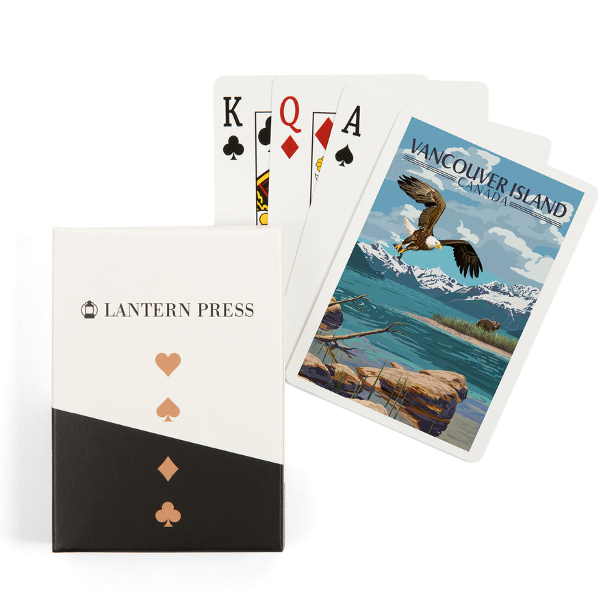 Playing Cards, Vancouver Island, Canada, Painterly, Lake Scene, Bald Eagle and Bear, 52 Card Deck with Jokers in Box, Unique Art Cards Lantern Press 