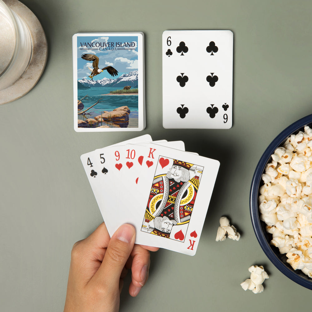 Playing Cards, Vancouver Island, Canada, Painterly, Lake Scene, Bald Eagle and Bear, 52 Card Deck with Jokers in Box, Unique Art Cards Lantern Press 