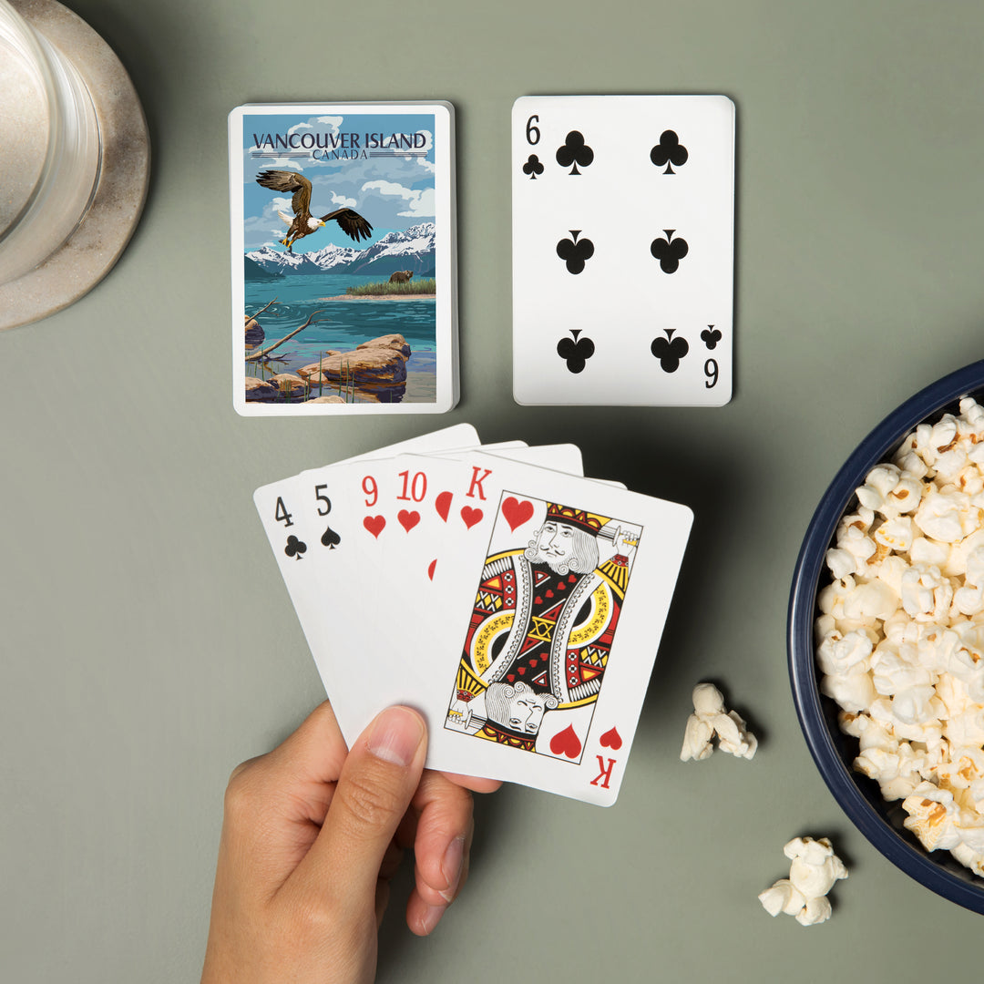 Playing Cards, Vancouver Island, Canada, Painterly, Lake Scene, Bald Eagle and Bear, 52 Card Deck with Jokers in Box, Unique Art Cards Lantern Press 