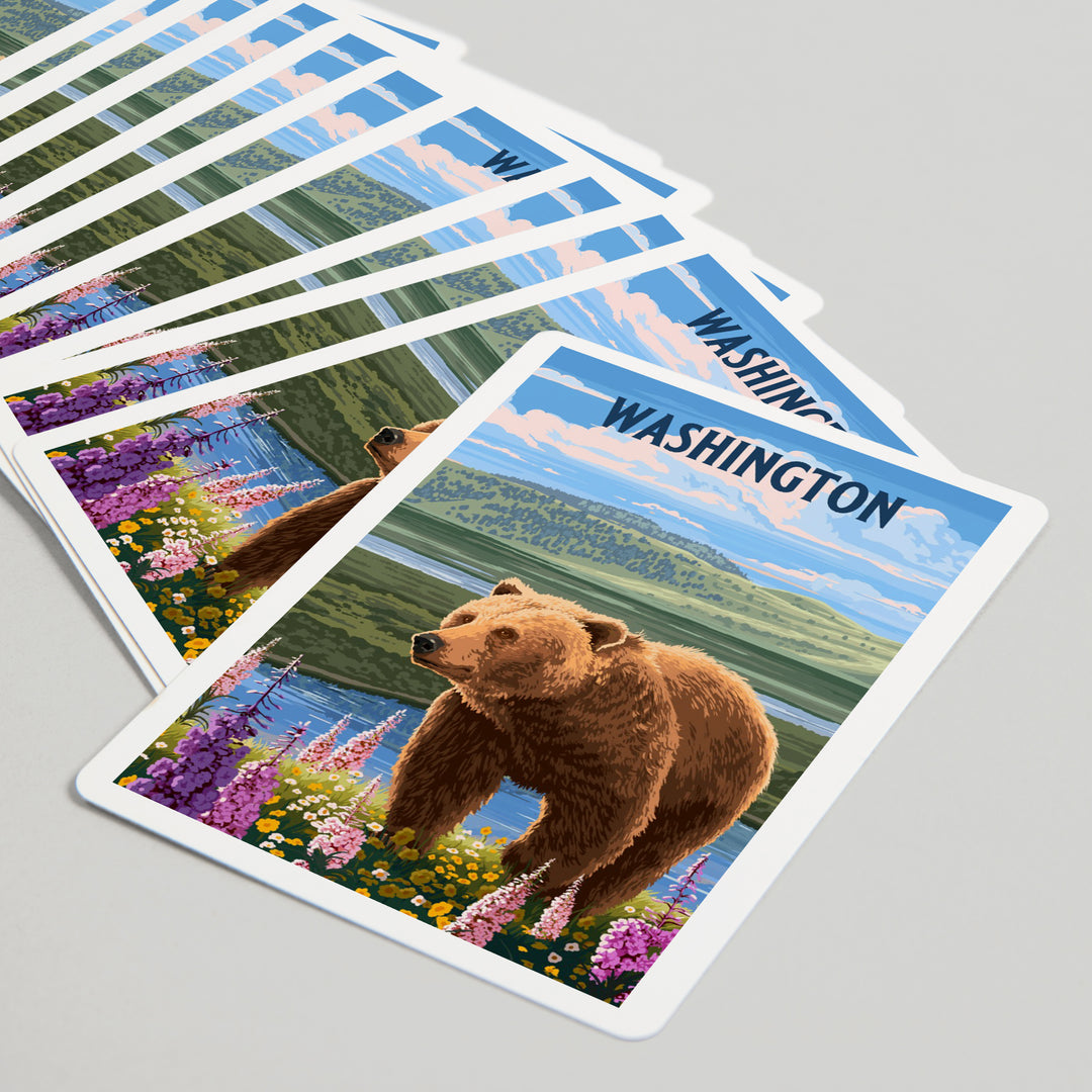 Playing Cards, Washington, Painterly, Grizzly Bear in Meadow, 52 Card Deck with Jokers in Box, Unique Art Cards Lantern Press 
