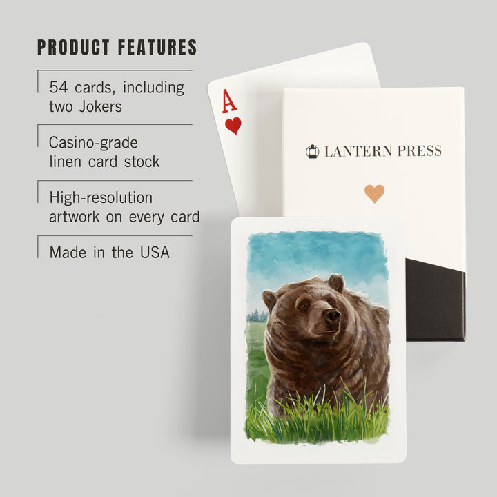 Playing Cards, Watercolor Study, Grizzly Bear, 52 Card Deck with Jokers in Box, Unique Art Cards Lantern Press 
