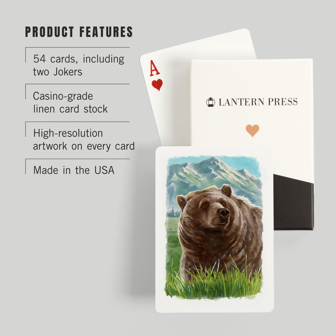 Playing Cards, Watercolor Study, Grizzly Bear with Mountain, 52 Card Deck with Jokers in Box, Unique Art Cards Lantern Press 