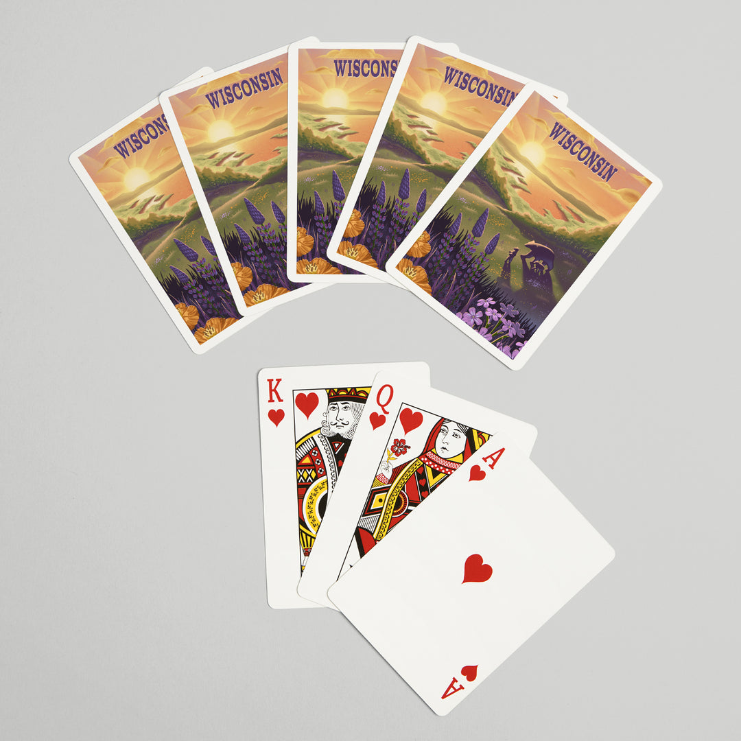 Playing Cards, Wisconsin, Lithograph, Bear and Spring Flowers, Lake, 52 Card Deck with Jokers in Box, Unique Art Cards Lantern Press 