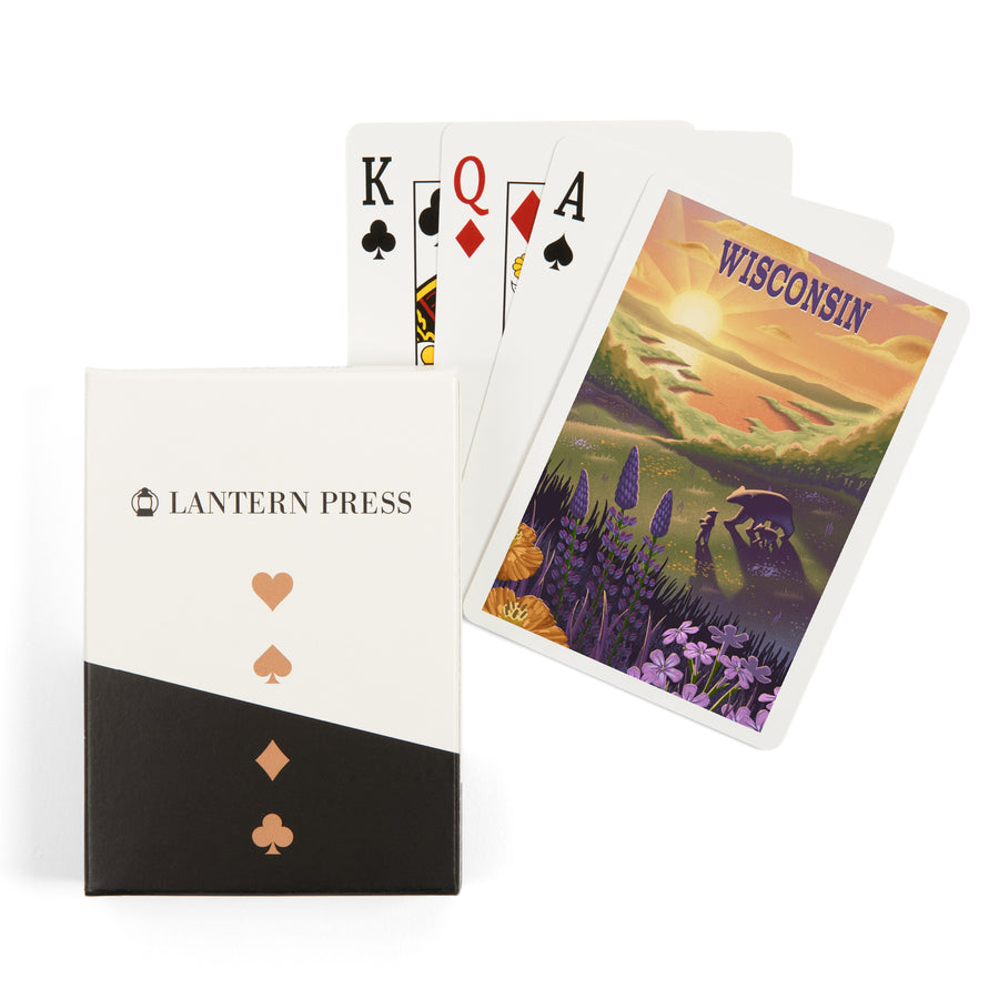 Playing Cards, Wisconsin, Lithograph, Bear and Spring Flowers, Lake, 52 Card Deck with Jokers in Box, Unique Art Cards Lantern Press 