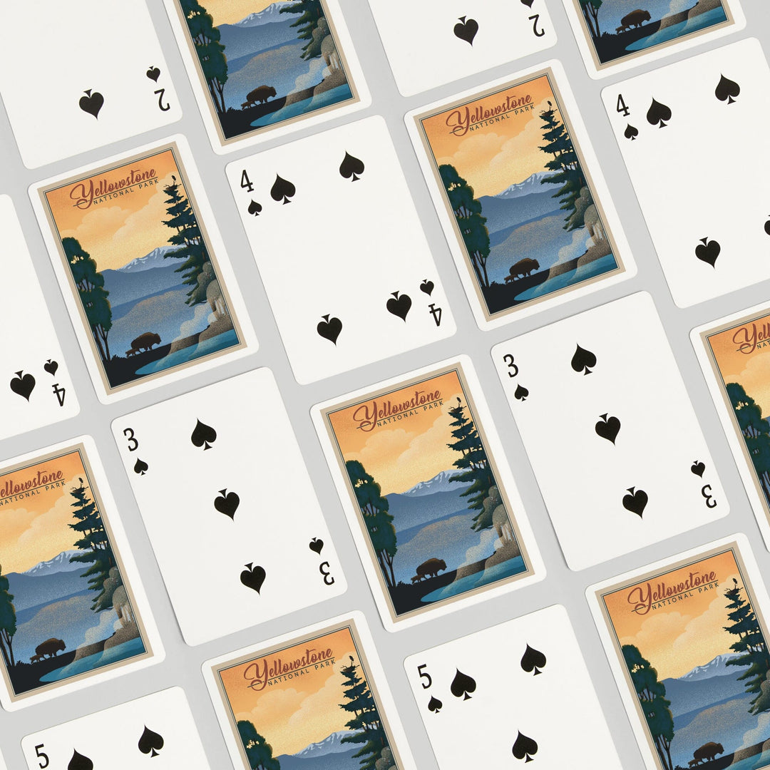 Playing Cards, Yellowstone National Park, Bison and Lake, Lithograph National Park Series, 52 Card Deck with Jokers in Box, Unique Art Cards Lantern Press 