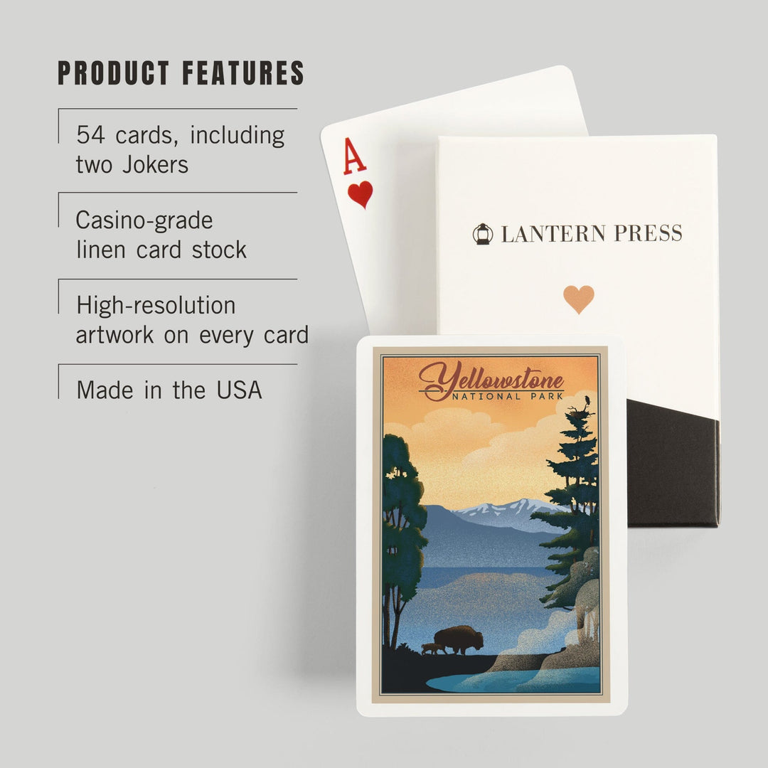 Playing Cards, Yellowstone National Park, Bison and Lake, Lithograph National Park Series, 52 Card Deck with Jokers in Box, Unique Art Cards Lantern Press 