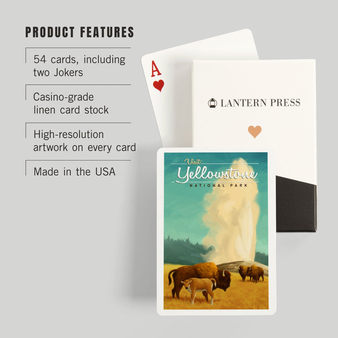 Playing Cards, Yellowstone National Park, Oil Painting, Old Faithful and Bison, 52 Card Deck with Jokers in Box, Unique Art Cards Lantern Press 