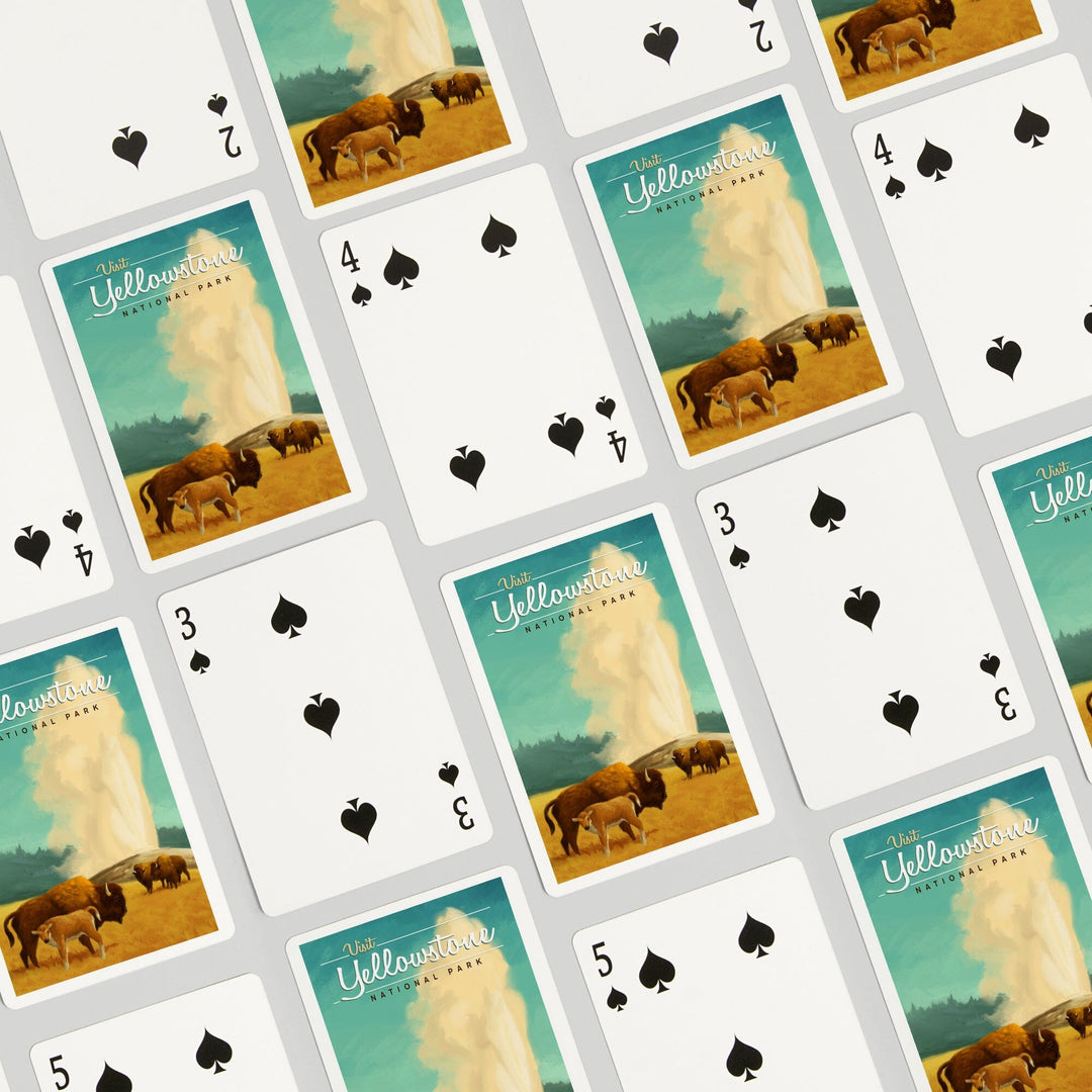 Playing Cards, Yellowstone National Park, Oil Painting, Old Faithful and Bison, 52 Card Deck with Jokers in Box, Unique Art Cards Lantern Press 
