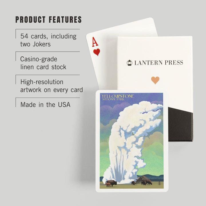 Playing Cards, Yellowstone National Park, Old Faithful and Bison, Lithograph, 52 Card Deck with Jokers in Box, Unique Art Cards Lantern Press 