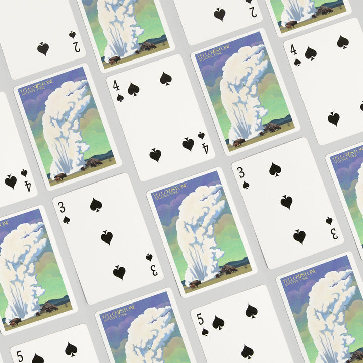 Playing Cards, Yellowstone National Park, Old Faithful and Bison, Lithograph, 52 Card Deck with Jokers in Box, Unique Art Cards Lantern Press 