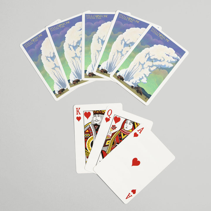 Playing Cards, Yellowstone National Park, Old Faithful and Bison, Lithograph, 52 Card Deck with Jokers in Box, Unique Art Cards Lantern Press 