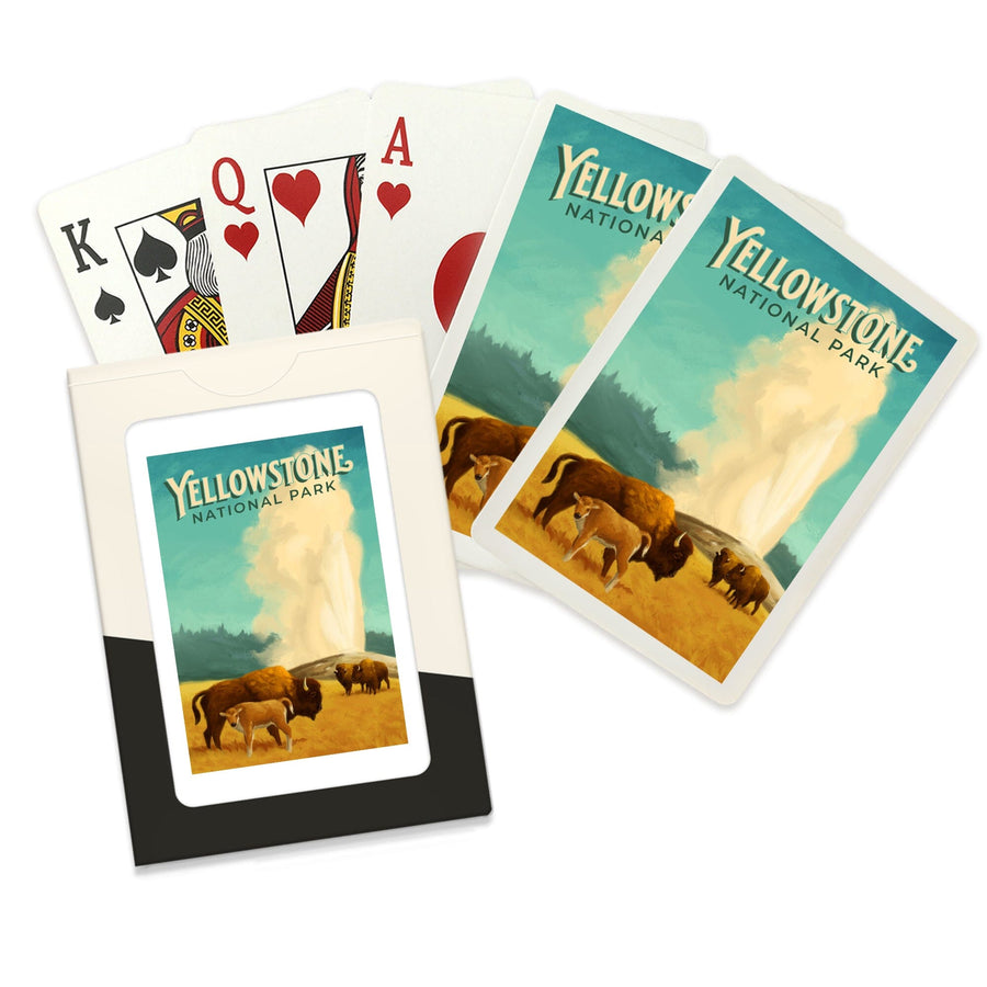 Playing Cards, Yellowstone National Park, Old Faithful and Bison, Oil Painting, 52 Card Deck with Jokers in Box, Unique Art Cards Lantern Press 