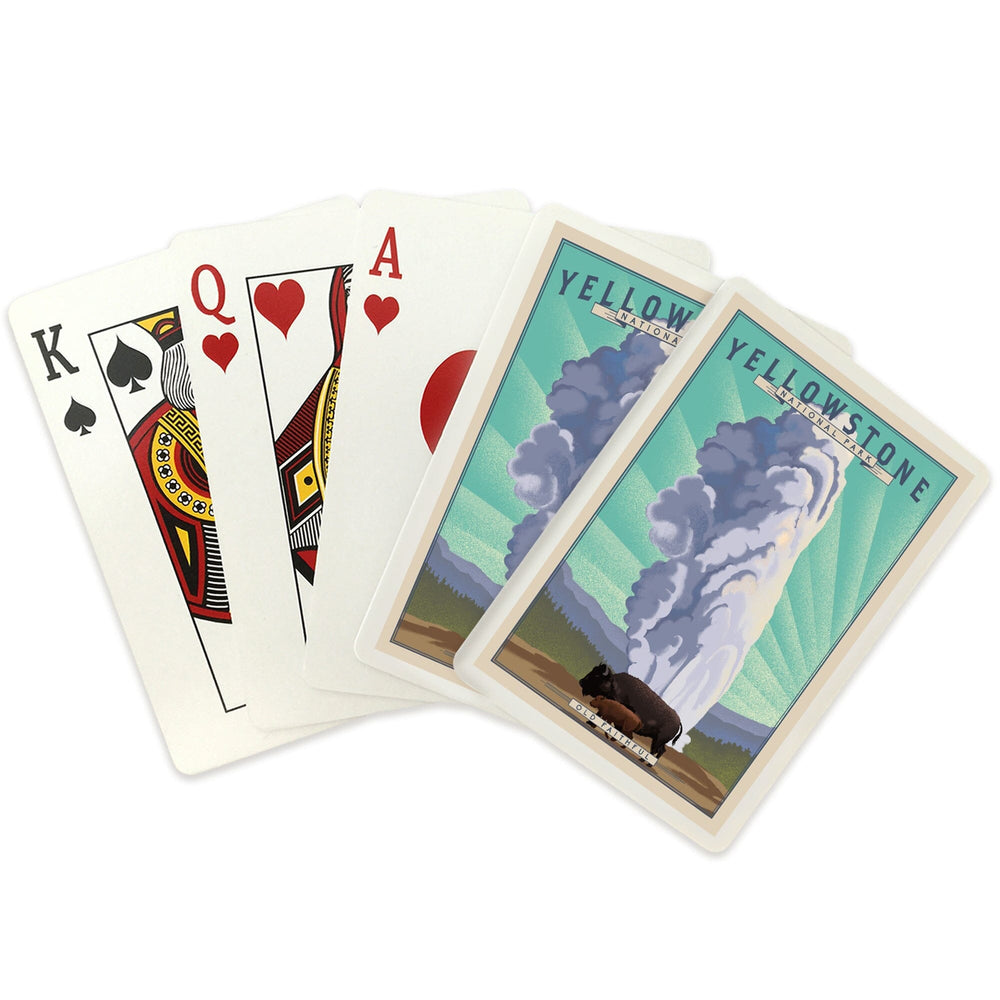 Playing Cards, Yellowstone National Park, Wyoming, Old Faithful and Bison, Lithograph National Park Series, 52 Card Deck with Jokers in Box, Unique Art Cards Lantern Press 