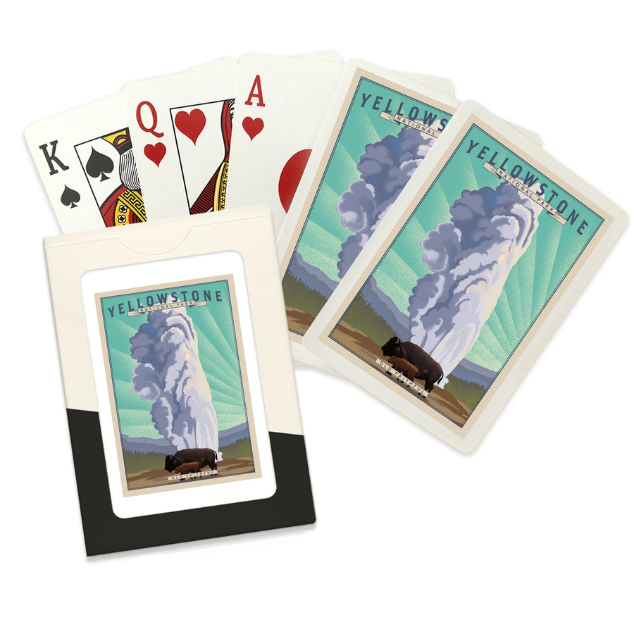 Playing Cards, Yellowstone National Park, Wyoming, Old Faithful and Bison, Lithograph National Park Series, 52 Card Deck with Jokers in Box, Unique Art Cards Lantern Press 