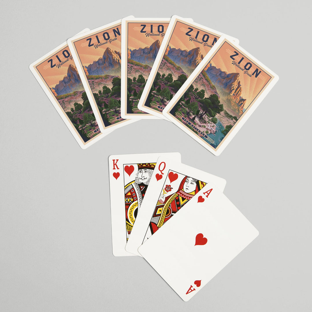 Playing Cards, Zion National Park, Utah, The Watchman, Lithograph National Park Series, 52 Card Deck with Jokers in Box, Unique Art Cards Lantern Press 