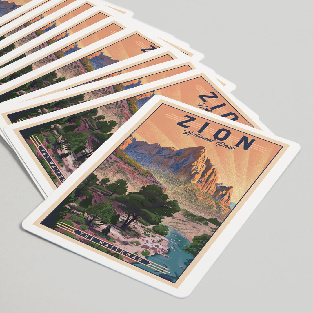 Playing Cards, Zion National Park, Utah, The Watchman, Lithograph National Park Series, 52 Card Deck with Jokers in Box, Unique Art Cards Lantern Press 