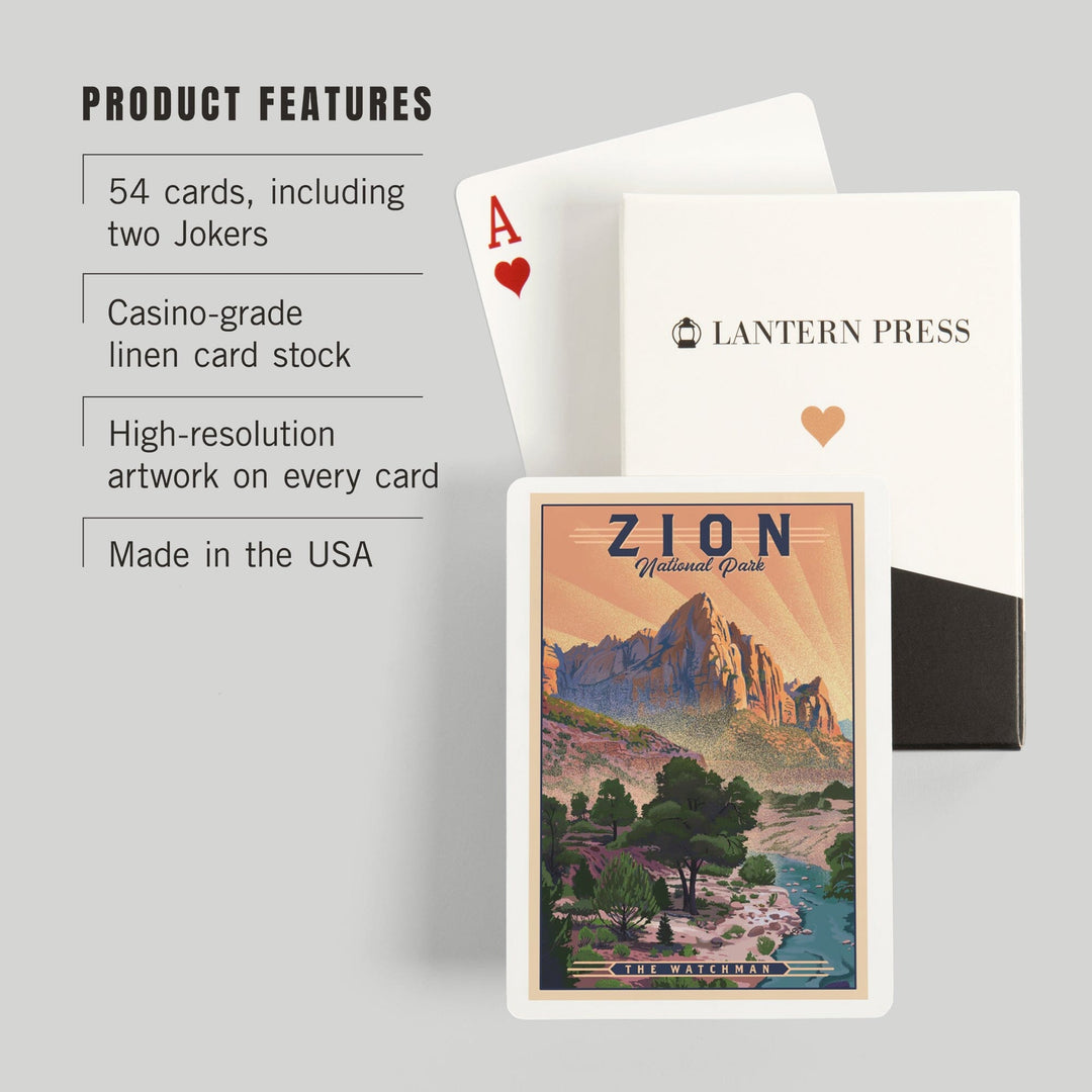 Playing Cards, Zion National Park, Utah, The Watchman, Lithograph National Park Series, 52 Card Deck with Jokers in Box, Unique Art Cards Lantern Press 