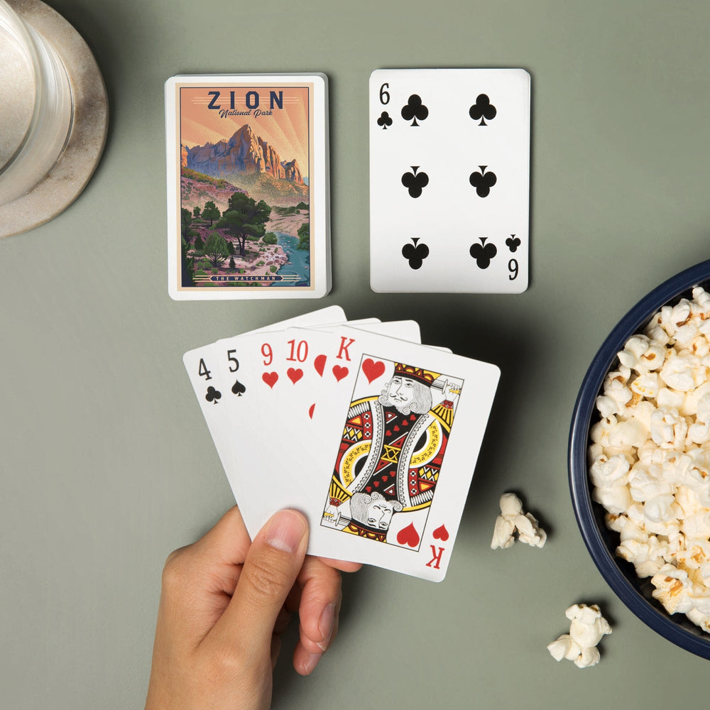 Playing Cards, Zion National Park, Utah, The Watchman, Lithograph National Park Series, 52 Card Deck with Jokers in Box, Unique Art Cards Lantern Press 