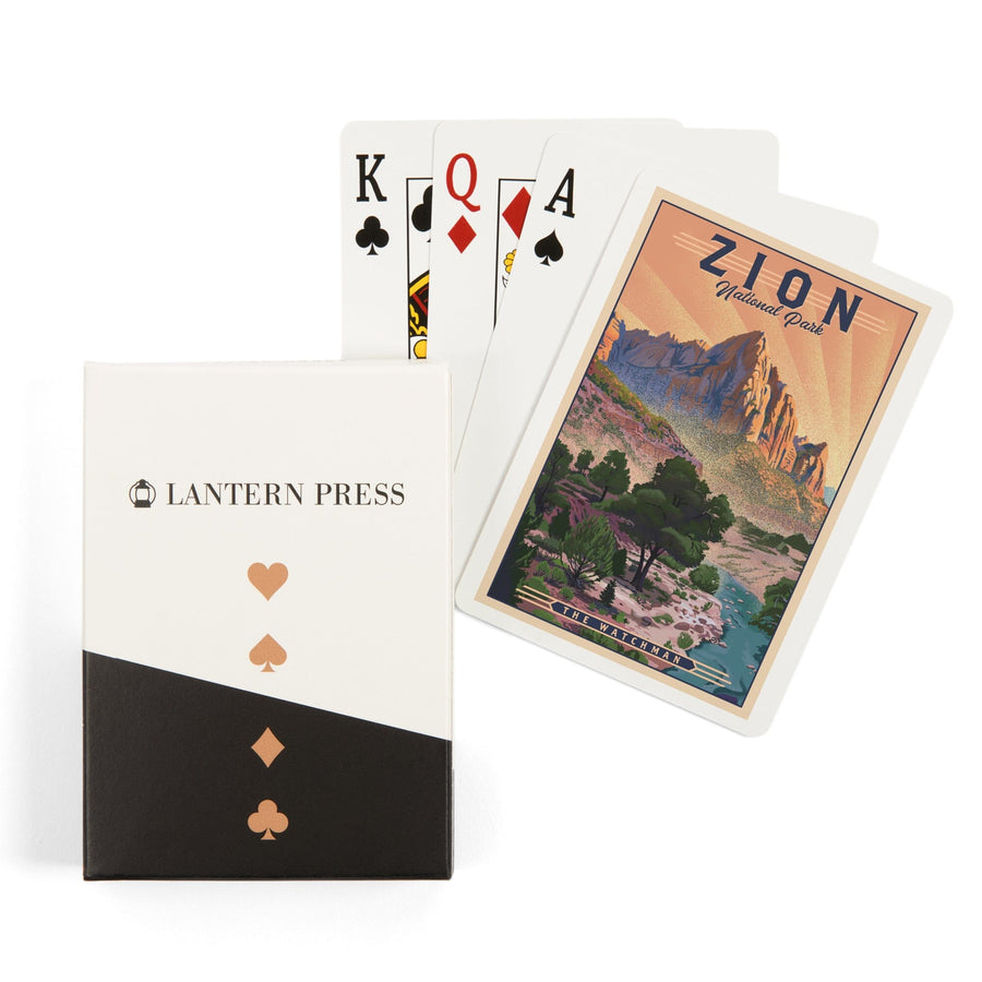 Playing Cards, Zion National Park, Utah, The Watchman, Lithograph National Park Series, 52 Card Deck with Jokers in Box, Unique Art Cards Lantern Press 