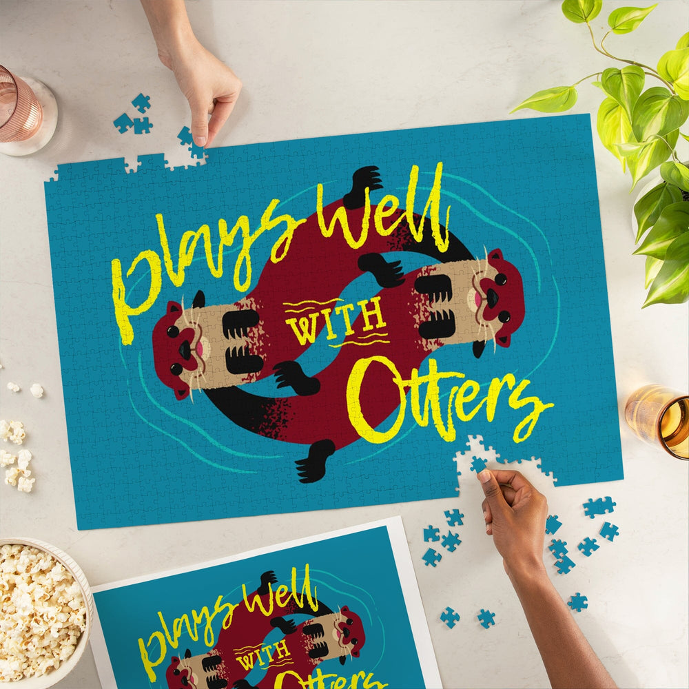 Plays Well With Otters, Otter Geometric, Jigsaw Puzzle Puzzle Lantern Press 