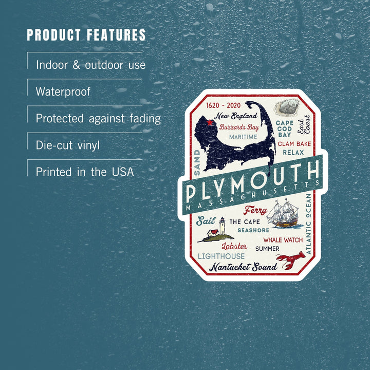 Plymouth, Massachusetts, 1620-2020, Typography & Icons, Contour, Lantern Press Artwork, Vinyl Sticker Sticker Lantern Press 