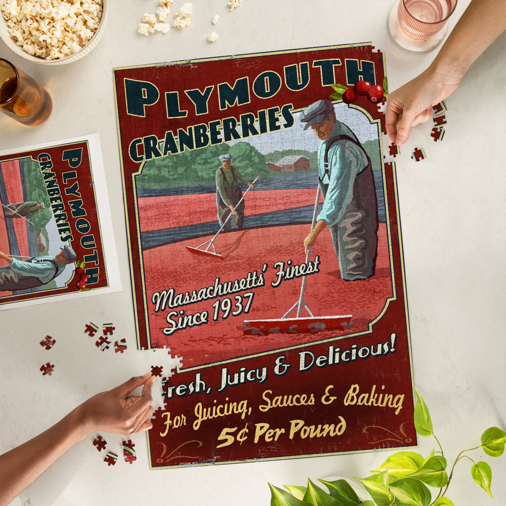 Plymouth, Massachusetts, Cranberry Farm Vintage Sign, Jigsaw Puzzle Puzzle Lantern Press 