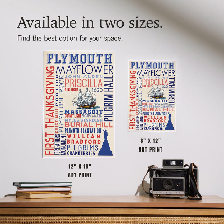 Plymouth, Massachusetts, Typography with Mayflower Icon, Art & Giclee Prints Art Lantern Press 