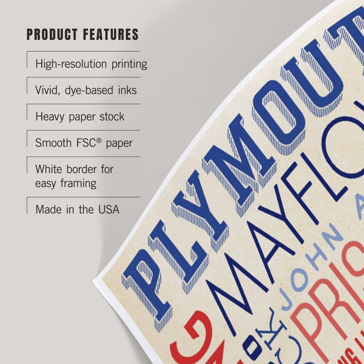 Plymouth, Massachusetts, Typography with Mayflower Icon, Art & Giclee Prints Art Lantern Press 