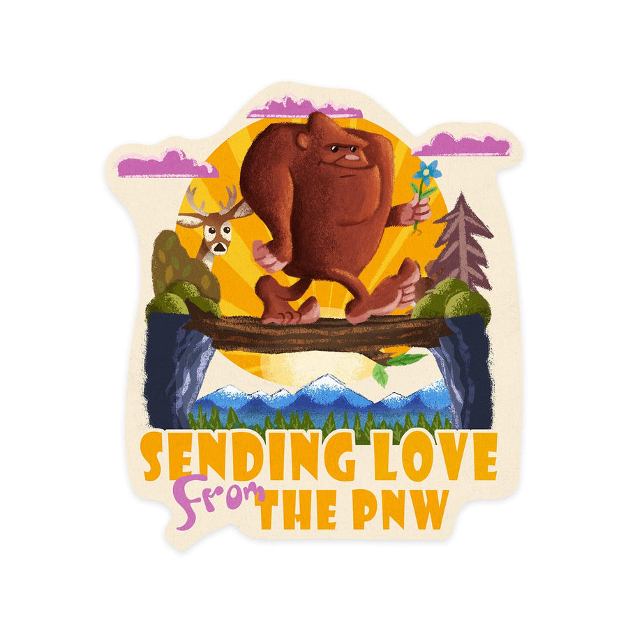 PNW, Sending Love, Bigfoot, Mid-Century Inspired, Contour, Vinyl Sticker Sticker Lantern Press 