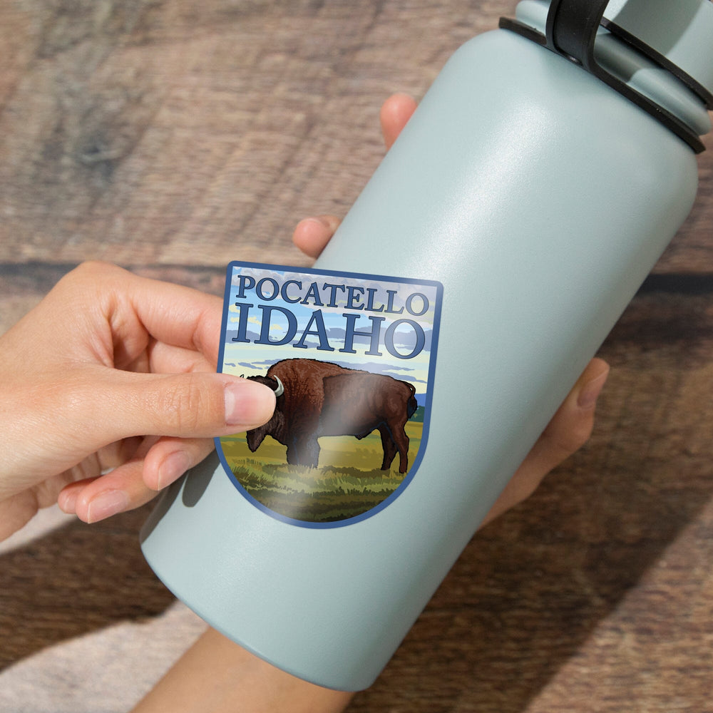 Pocatello, Idaho, Bison Scene, Contour, Lantern Press Artwork, Vinyl Sticker Sticker Lantern Press 