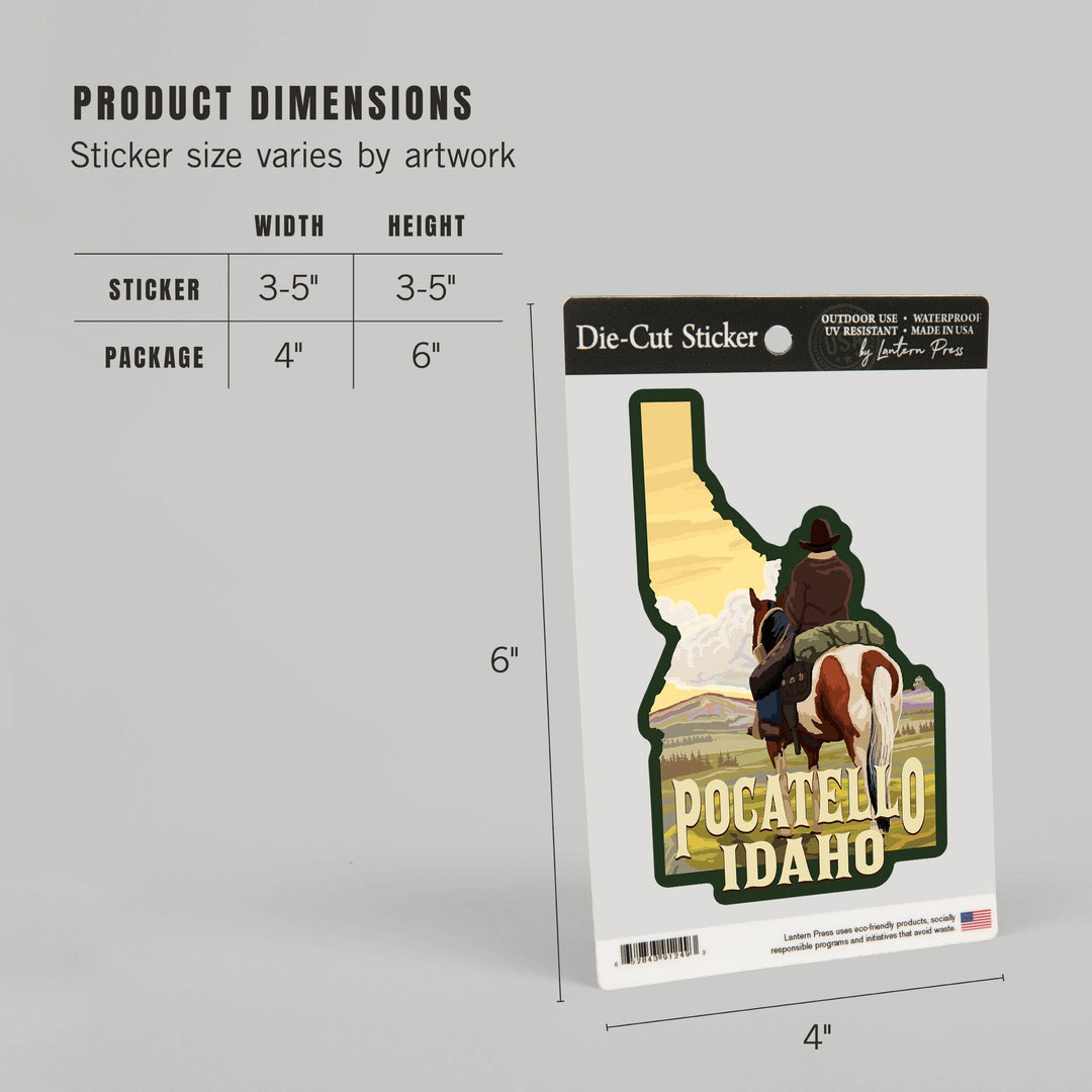Pocatello, Idaho, Cowboy and Horse, Contour, Vinyl Sticker Sticker Lantern Press 