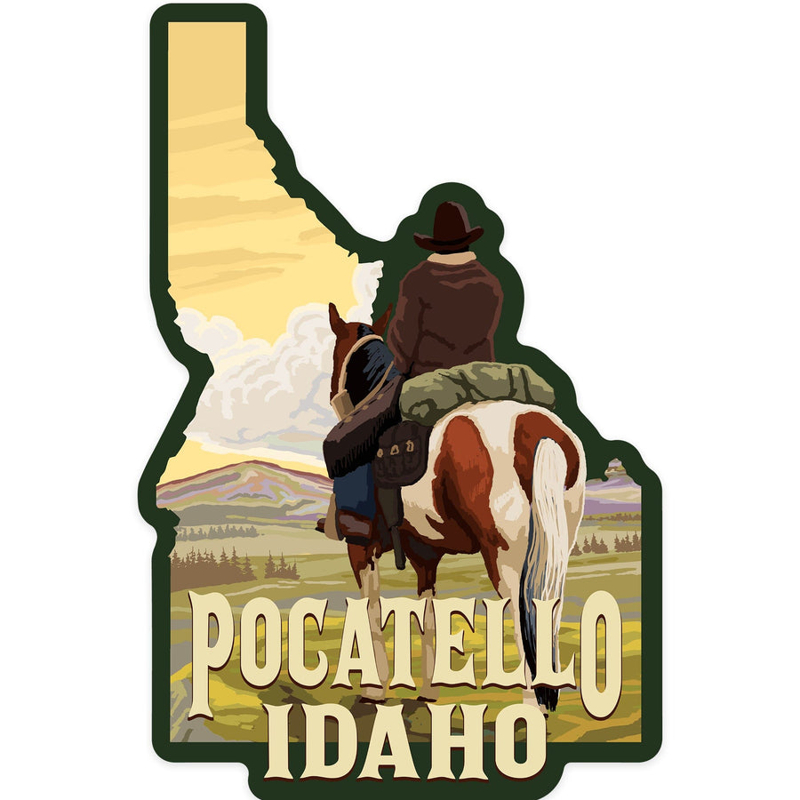 Pocatello, Idaho, Cowboy and Horse, Contour, Vinyl Sticker Sticker Lantern Press 
