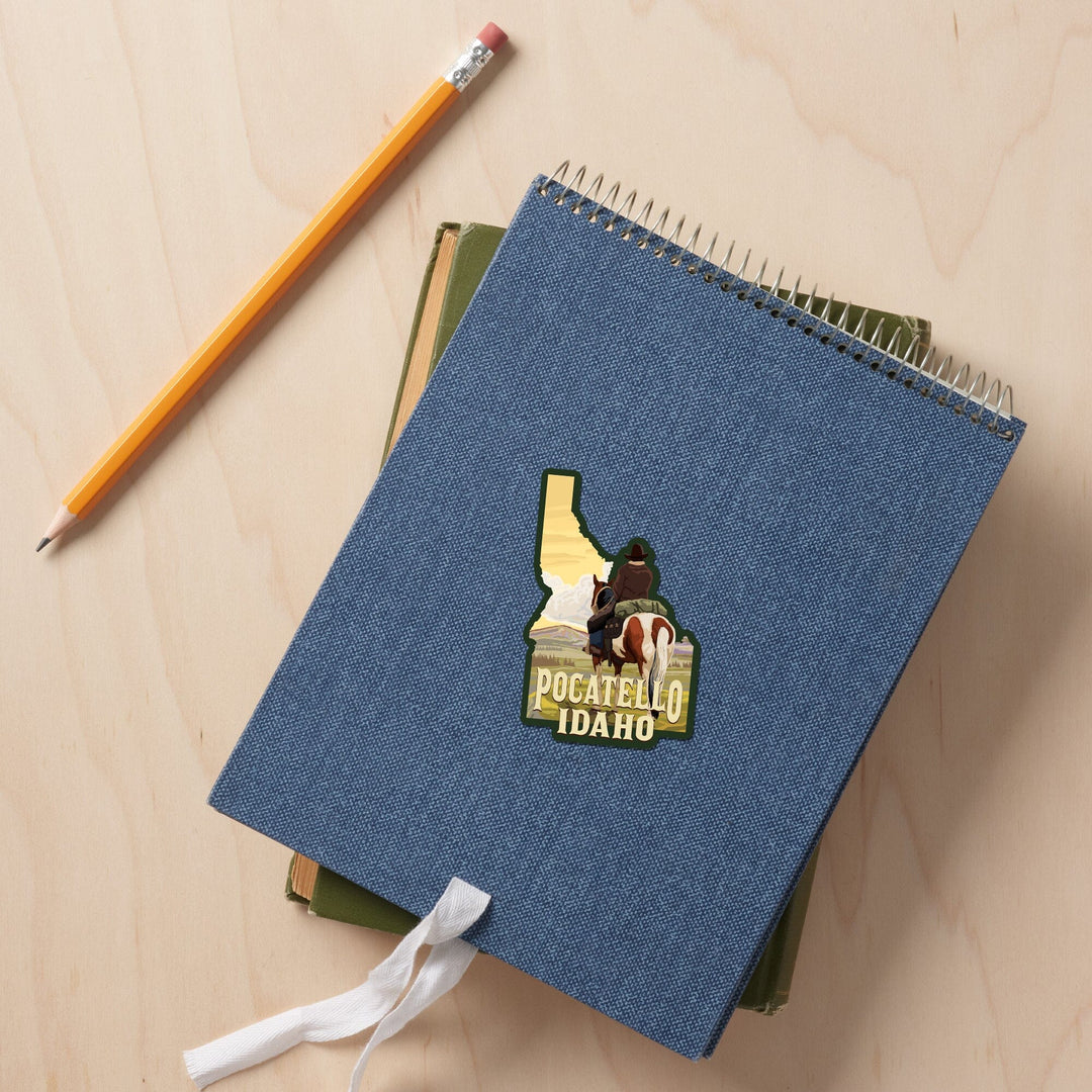 Pocatello, Idaho, Cowboy and Horse, Contour, Vinyl Sticker Sticker Lantern Press 