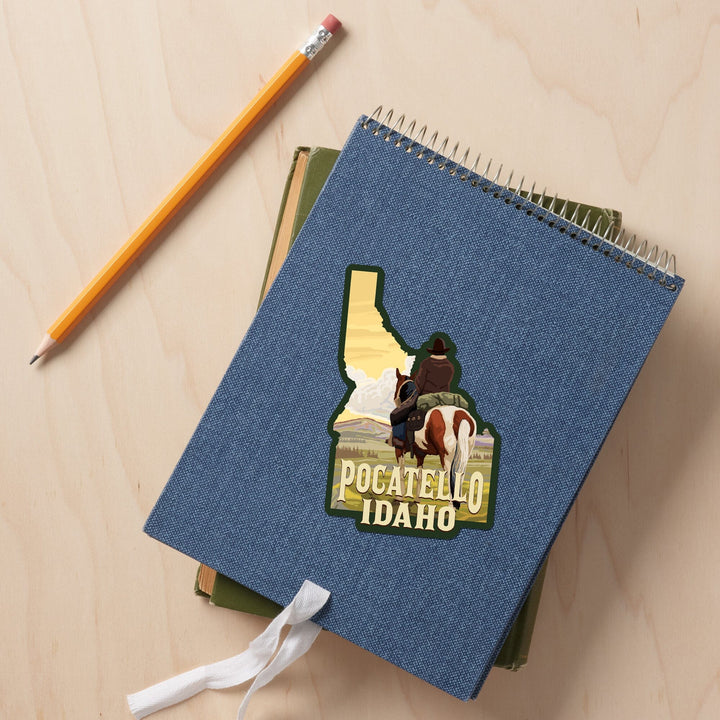 Pocatello, Idaho, Cowboy and Horse, Contour, Vinyl Sticker Sticker Lantern Press 