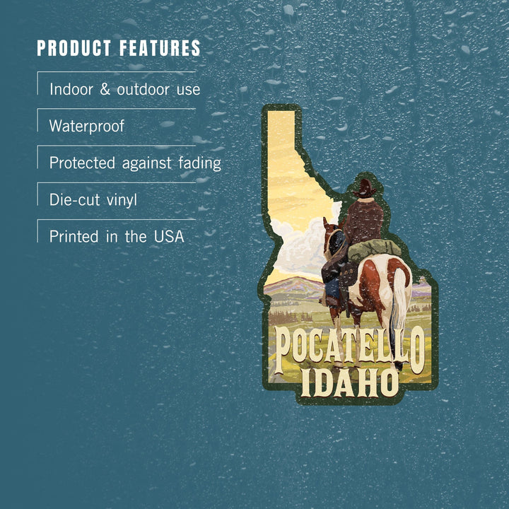 Pocatello, Idaho, Cowboy and Horse, Contour, Vinyl Sticker Sticker Lantern Press 