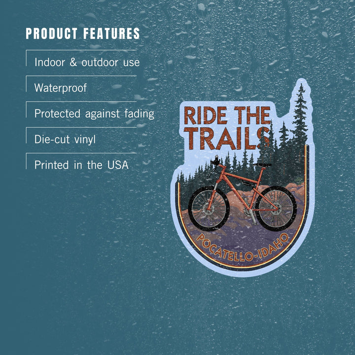 Pocatello, Idaho, Ride the Trails, Mountain Bike Scene, Contour, Lantern Press Artwork, Vinyl Sticker Sticker Lantern Press 