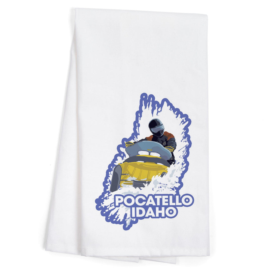 Pocatello, Idaho, Snowmobile Scene, Contour, Organic Cotton Kitchen Tea Towels Kitchen Lantern Press 