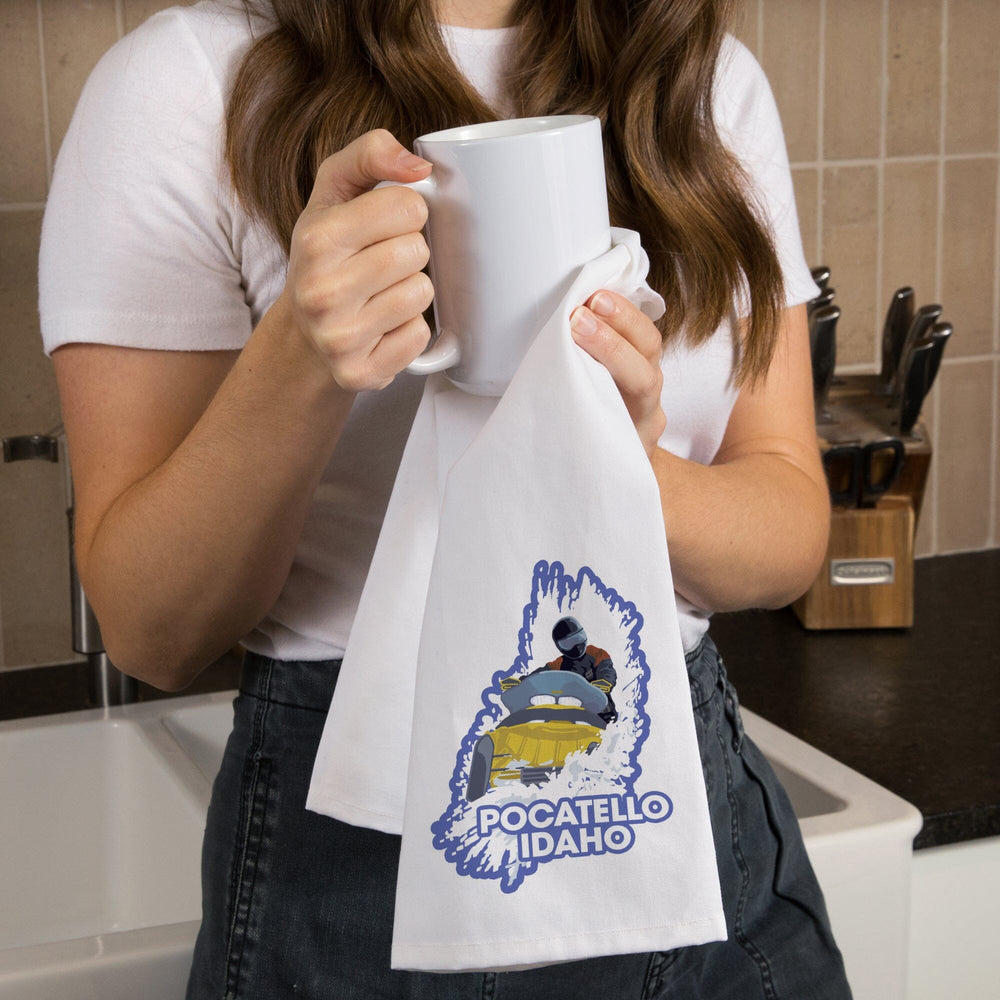 Pocatello, Idaho, Snowmobile Scene, Contour, Organic Cotton Kitchen Tea Towels Kitchen Lantern Press 