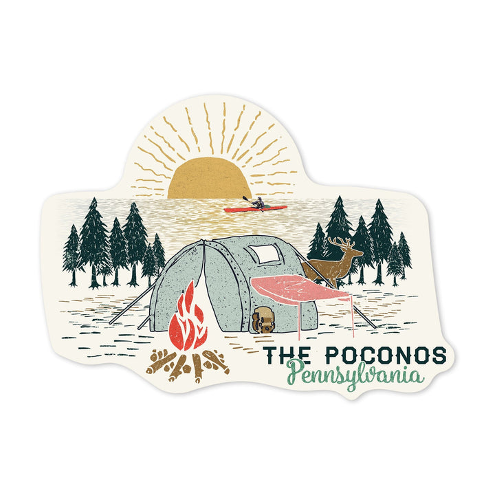 Poconos, Pennsylvania, Happy Camper, Tent, Distressed Vector Shape, Vinyl Sticker Sticker Lantern Press 