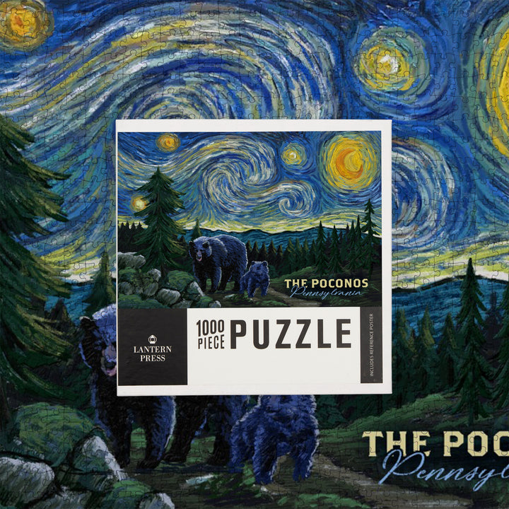 Poconos, Pennsylvania, Starry Night, Bear and Cub, Jigsaw Puzzle Puzzle Lantern Press 