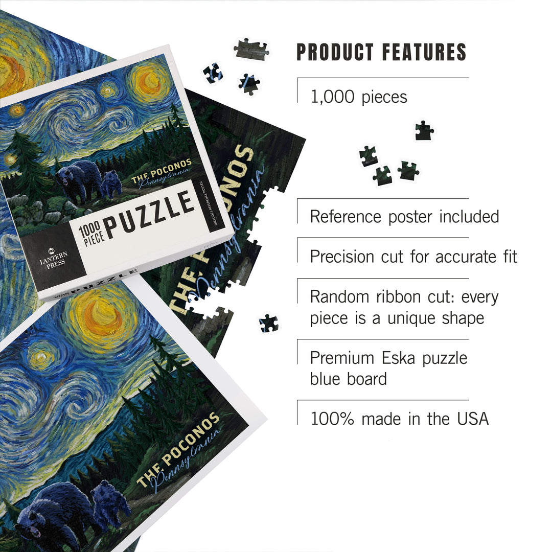 Poconos, Pennsylvania, Starry Night, Bear and Cub, Jigsaw Puzzle Puzzle Lantern Press 