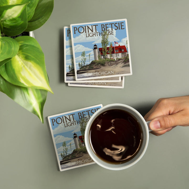 Point Betsie Lighthouse, Michigan, Lantern Press Artwork, Coaster Set Coasters Lantern Press 