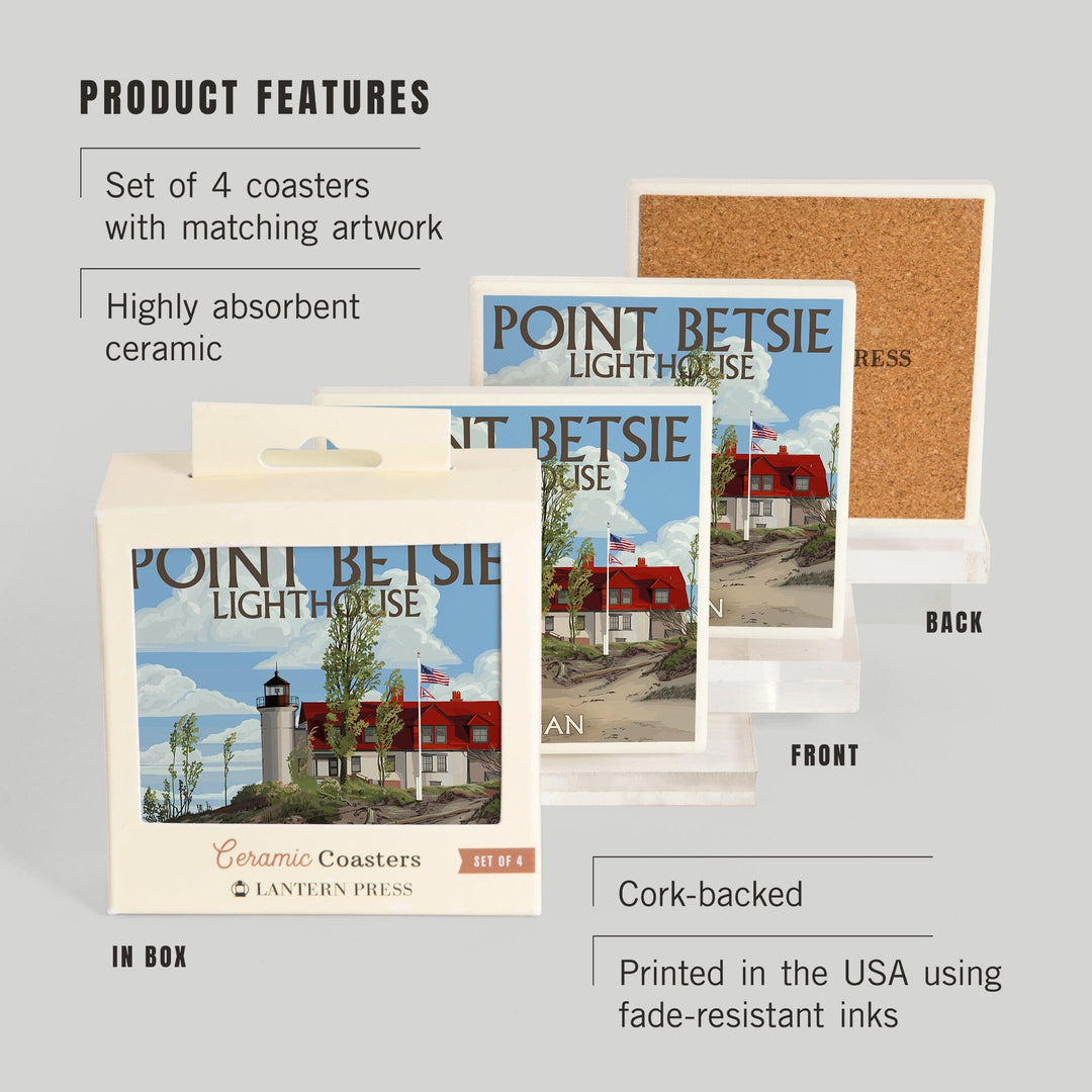 Point Betsie Lighthouse, Michigan, Lantern Press Artwork, Coaster Set Coasters Lantern Press 