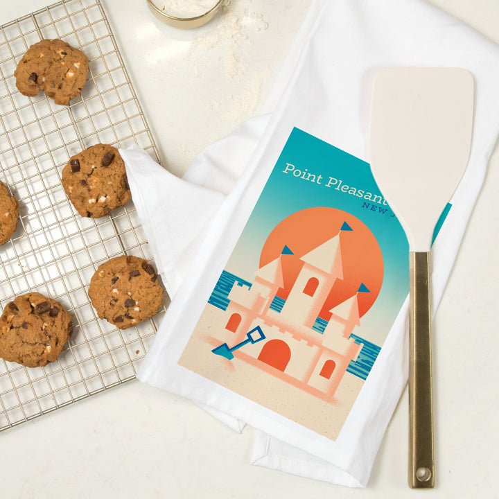 Point Pleasant Beach, New Jersey, Sun-faded Shoreline Collection, Sand Castle on Beach, Organic Cotton Kitchen Tea Towels Kitchen Lantern Press 