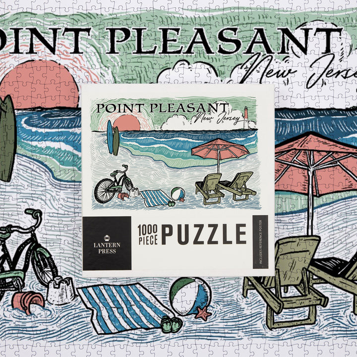 Point Pleasant Island, New Jersey, Sketch, Barnegat Light, Beach Scene, Jigsaw Puzzle Puzzle Lantern Press 