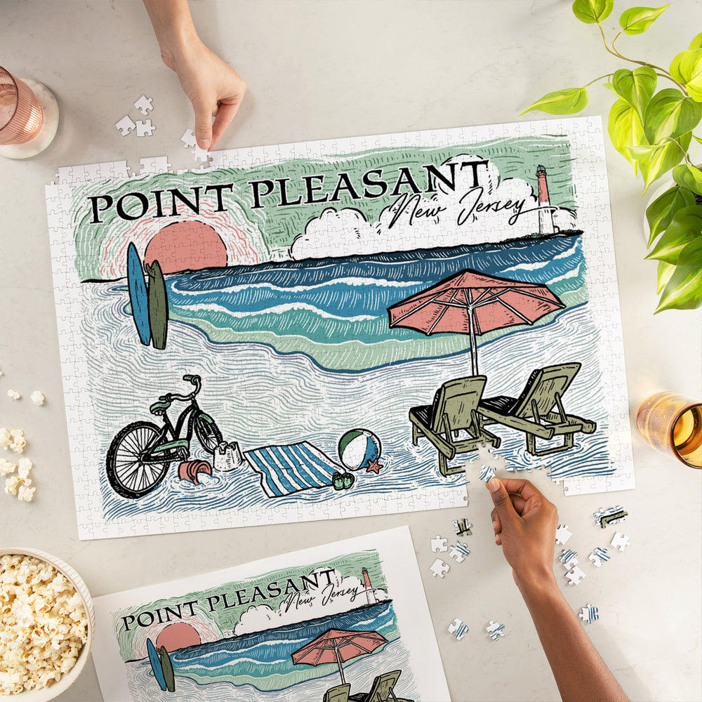 Point Pleasant Island, New Jersey, Sketch, Barnegat Light, Beach Scene, Jigsaw Puzzle Puzzle Lantern Press 