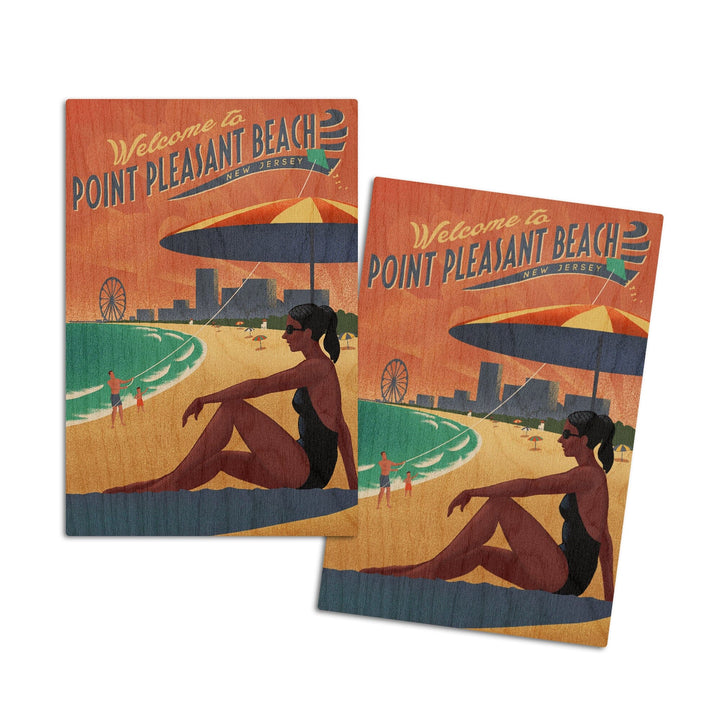 Point Pleasant, New Jersey, Beach Scene, Litho, Lantern Press Artwork, Wood Signs and Postcards Wood Lantern Press 4x6 Wood Postcard Set 